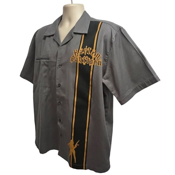 Harley Davidson Gray Mechanic Garage Embroidered Button Front Shirt Large Pocket - Picture 4 of 10